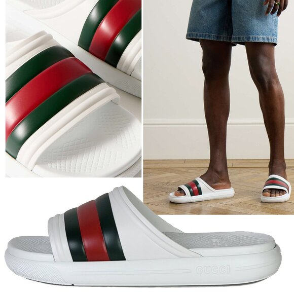 GUCCI SHOES MENS WHITE RUBBER ACE SLIDE SANDAL w WEB DETAIL sz 9G 9.5 US - Picture 1 of 15
